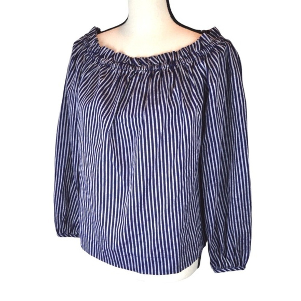 A‎ New Day Linen Elastic Boatneck Pullover Navy Pinstriped Long Sleeve Top Small